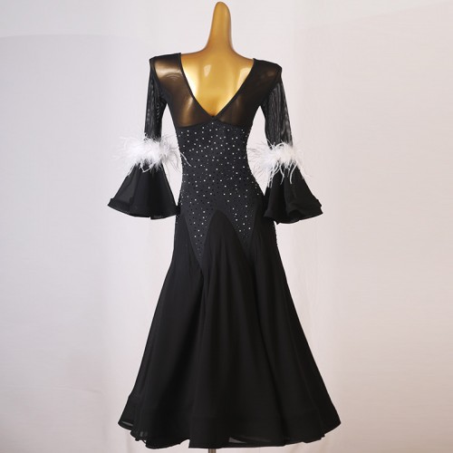Women girls black rhinestones competition ballroom dance dress modern waltz tango flamenco dance long gown for female